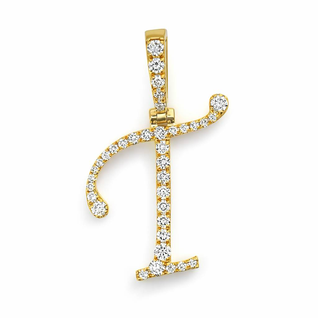 Colgante de oro amarillo de 14k con diamante inicial "T" de 0,40 ct y 1,2 g