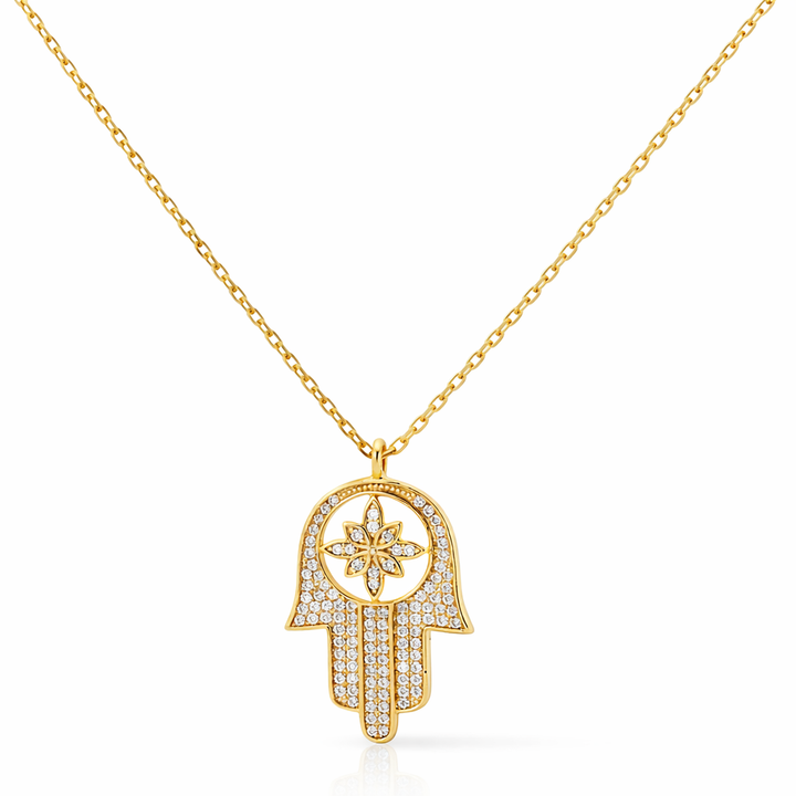 Collar de oro amarillo de 14 quilates con flor de Hamsa y diamantes redondos de 0,30 CT