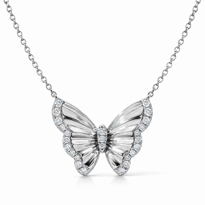 14K White Gold 0.14 CTW Round Diamond Butterfly Pendant