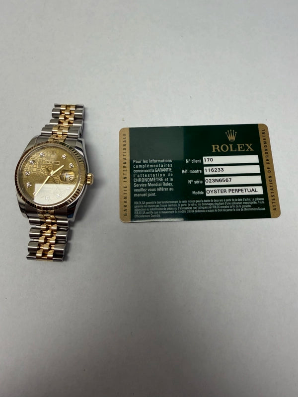 Rolex Datejust Gold Anniversary Diamond Dial Dial on Jubilee Ref 116233 with Card Old Green 2013