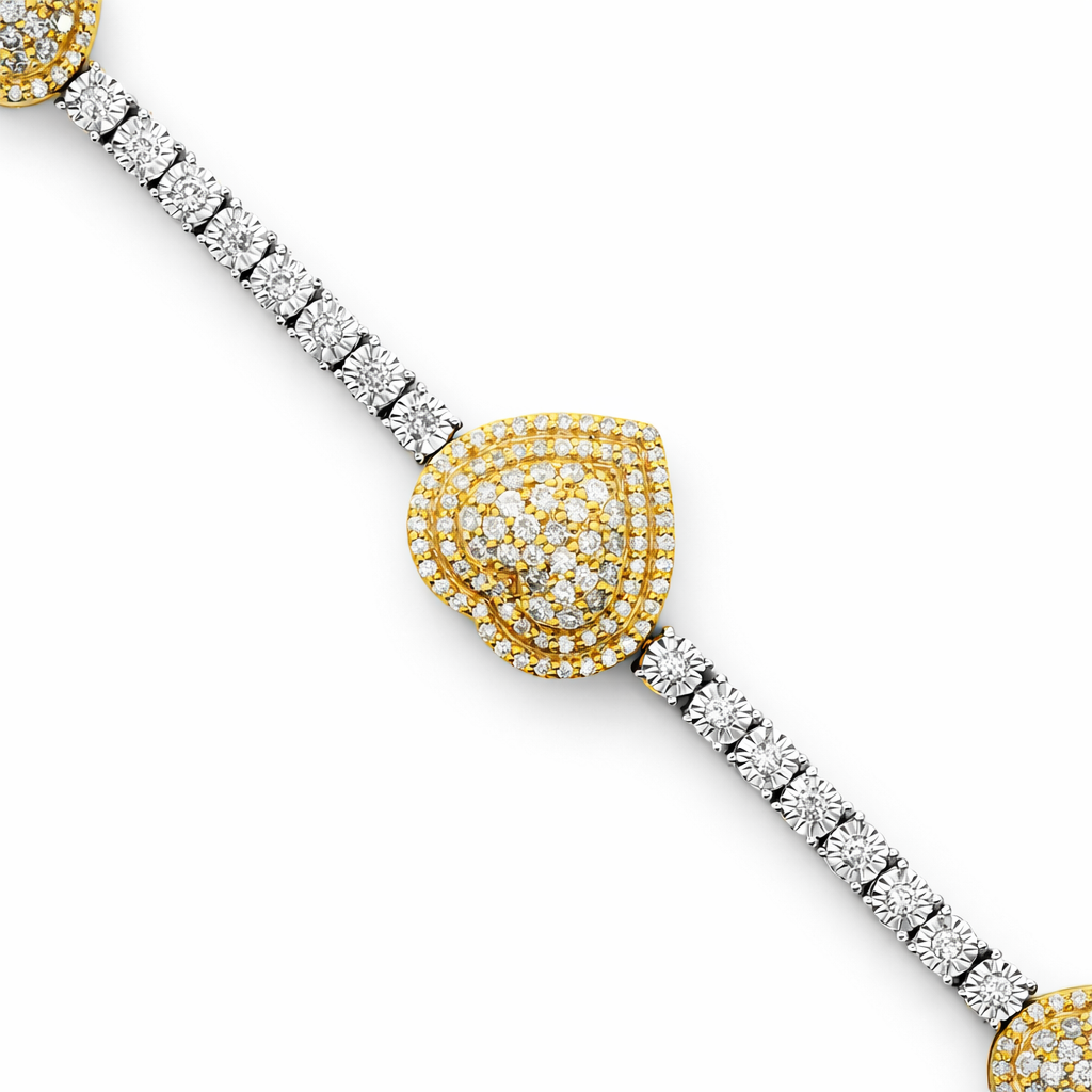 10K Yellow Gold 1.70 CTW 3 Heart Cluster Illusion Set Bracelet