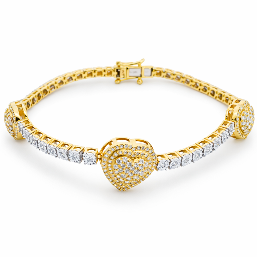 10K Yellow Gold 1.70 CTW 3 Heart Cluster Illusion Set Bracelet