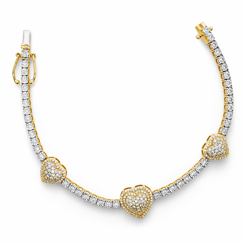 10K Yellow Gold 1.70 CTW 3 Heart Cluster Illusion Set Bracelet