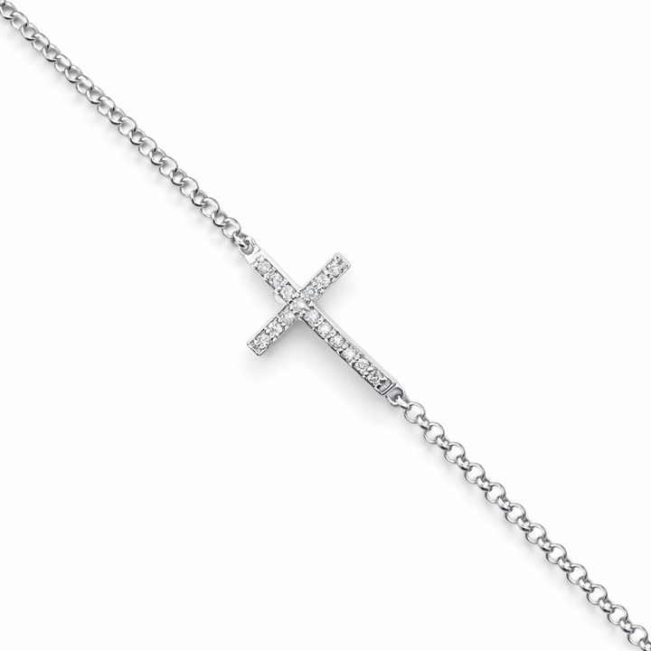 Pulsera Cruz Oro Blanco 18k con Diamante 0.12ct Largo 7"
