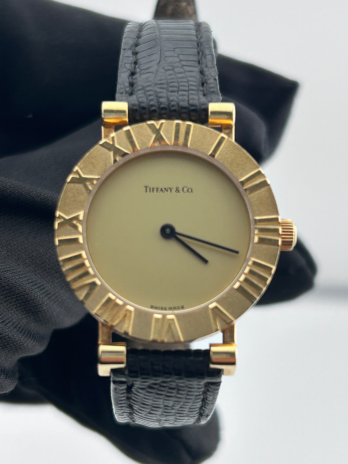 Tiffany & Co. Atlas Gold Dial on Black Leather Strap Ref. L0630 — view 3