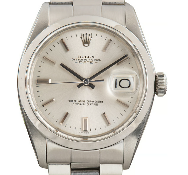 Rolex Oyster Perpetual Date Silver Stick Dial on Oyster Steel Bracelet Ref. 1500 1966