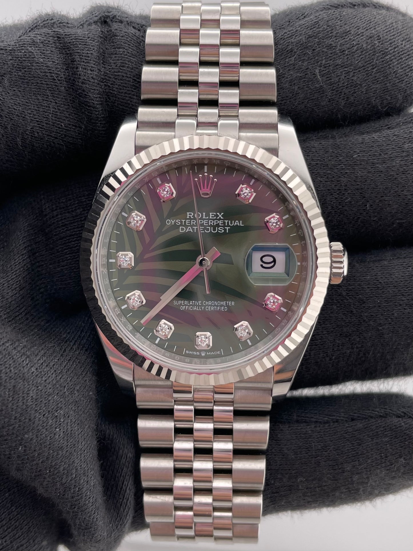 Rolex Datejust Olive Green Palm Motif Diamond 6 Dial on Jubilee Ref. 126234 Card 2023 — view 2
