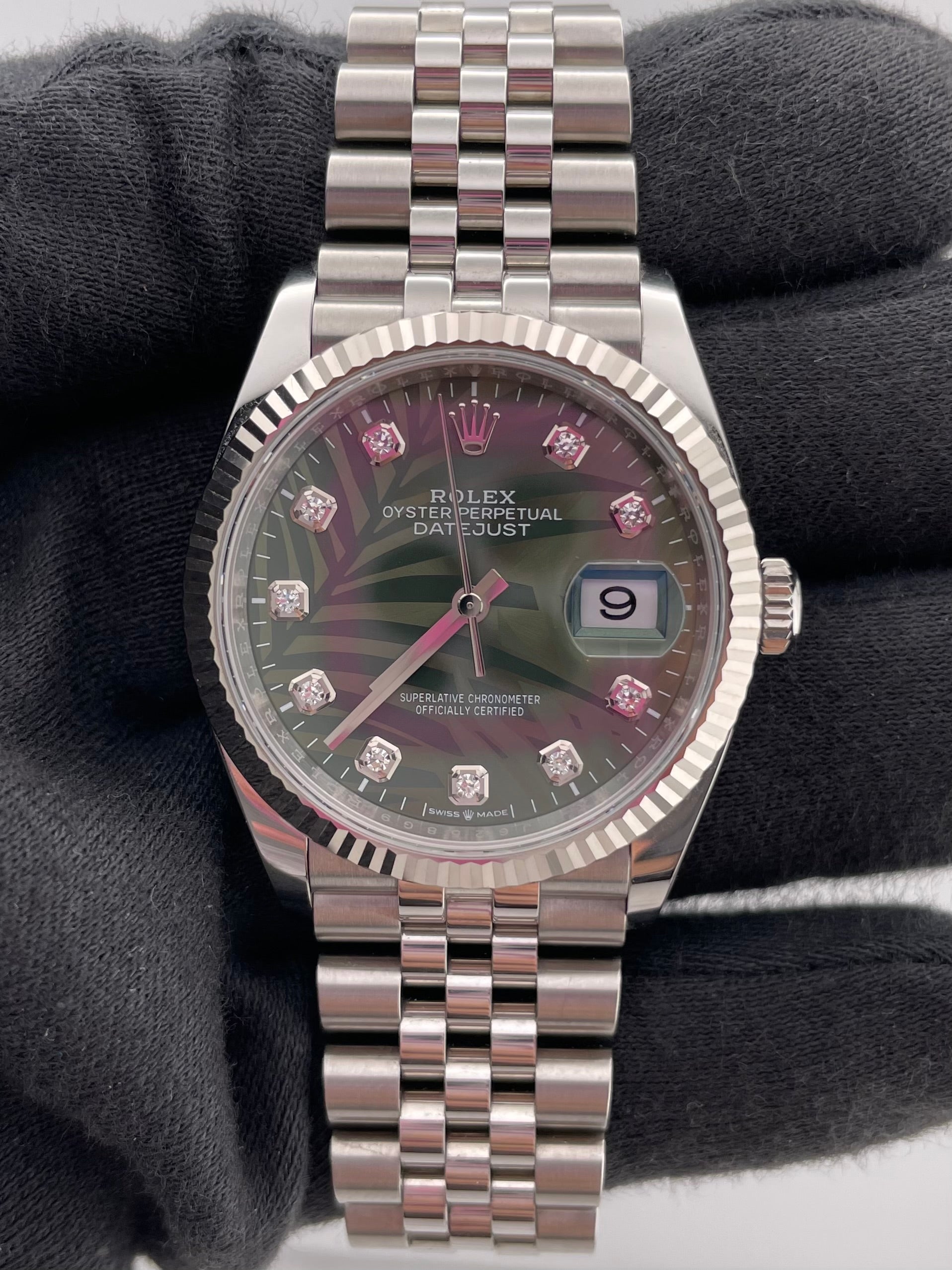 Rolex Datejust Olive Green Palm Motif Diamond 6 Dial on Jubilee Ref. 126234 Card 2023 — view 2