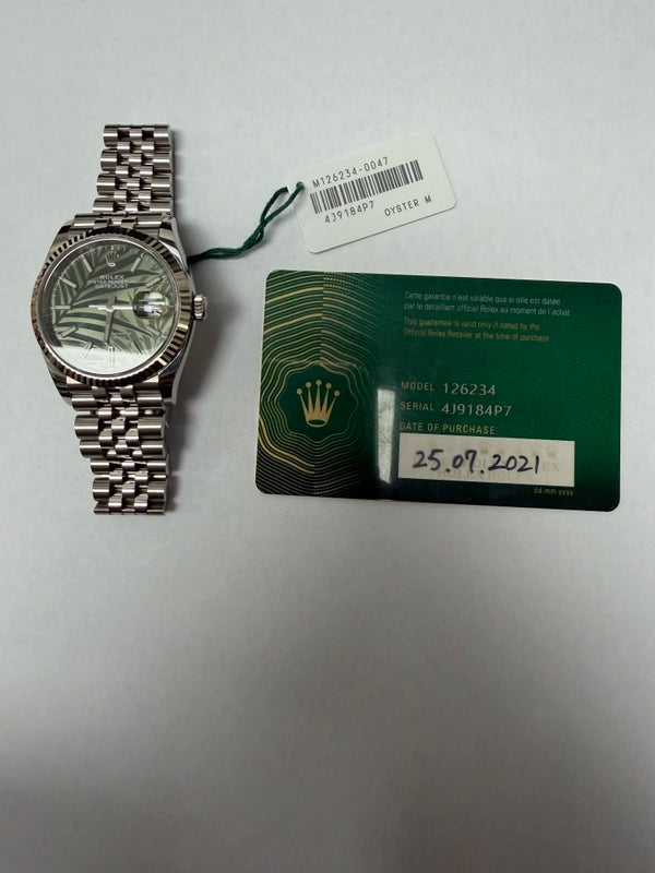 Rolex Datejust Olive Green Palm Motif Dial on Jubilee Ref 126234 with New Style Card Green 2021