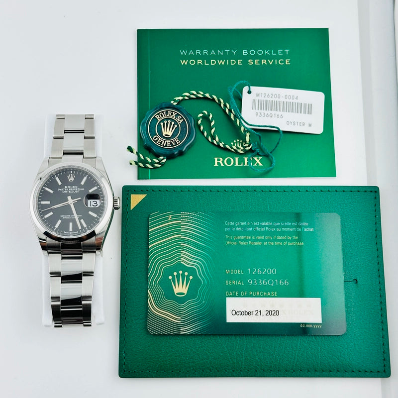 Rolex Datejust Black Index Dial on Oyster Ref 126200 with New Style Card Green 2020