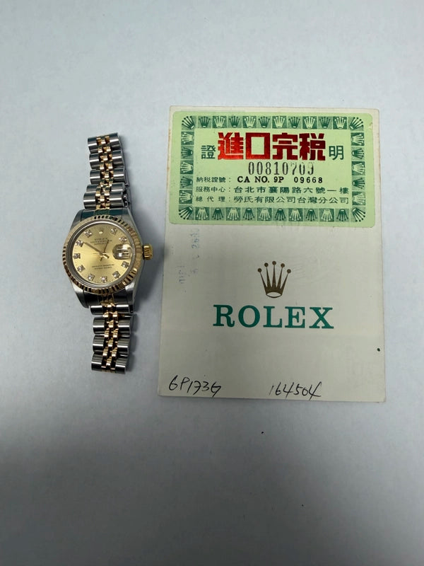 Rolex Datejust Lady Champagne Diamond Dial on Jubilee Ref 69173 with Papers 1990