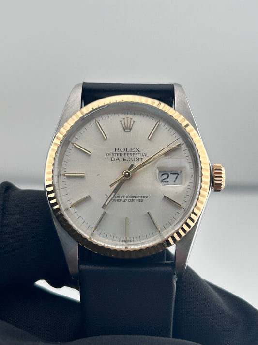 Rolex Datejust 36 Silver Index Dial on Generic Black Leather Band Ref. 16013 — view 2