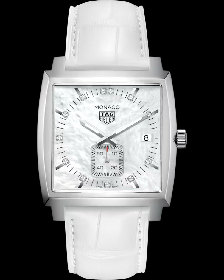 Tag Heuer Monaco White Mop Diamond Dial on Leather Ref. WAW131B.FC6247 Complete Open Date