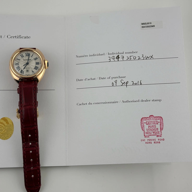 Cartier Cle Silver Roman Dial on Maroon Leather Ref 3947/WGCL0010 with Papers 2016