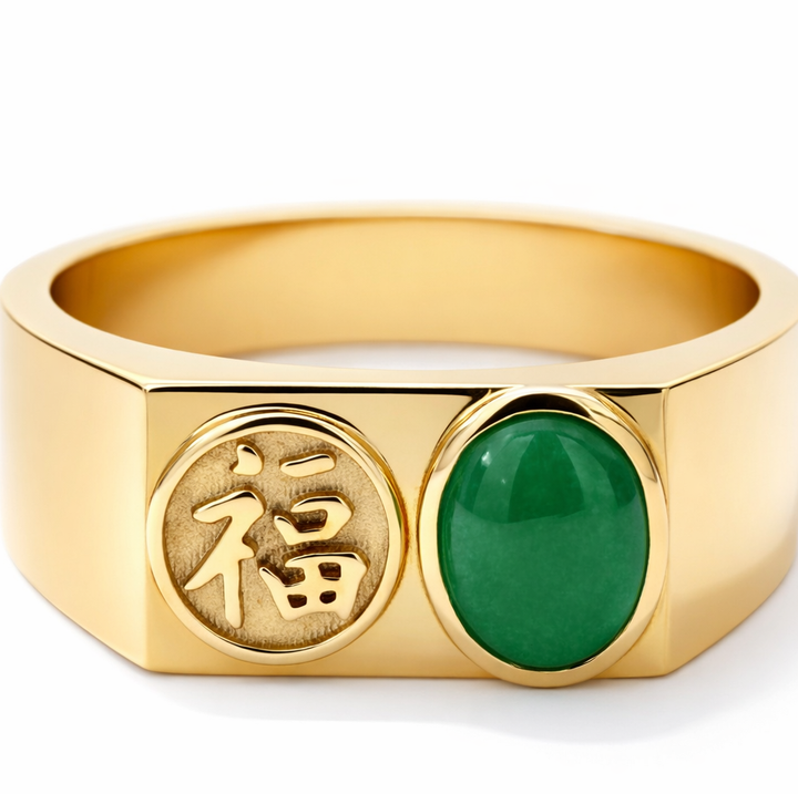 Anillo de oro amarillo de 14K Happy con piedra de jade de grado A, talla 8