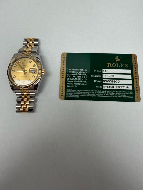Rolex Datejust Champagne Diamonds Dial on Jubilee Ref 116233 with Card Old Green 2011