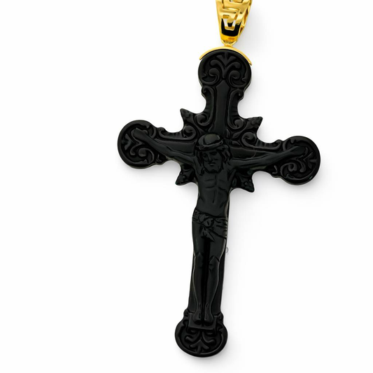 14K Yellow Gold Versace Bail Grade A Cross Jade Pendant