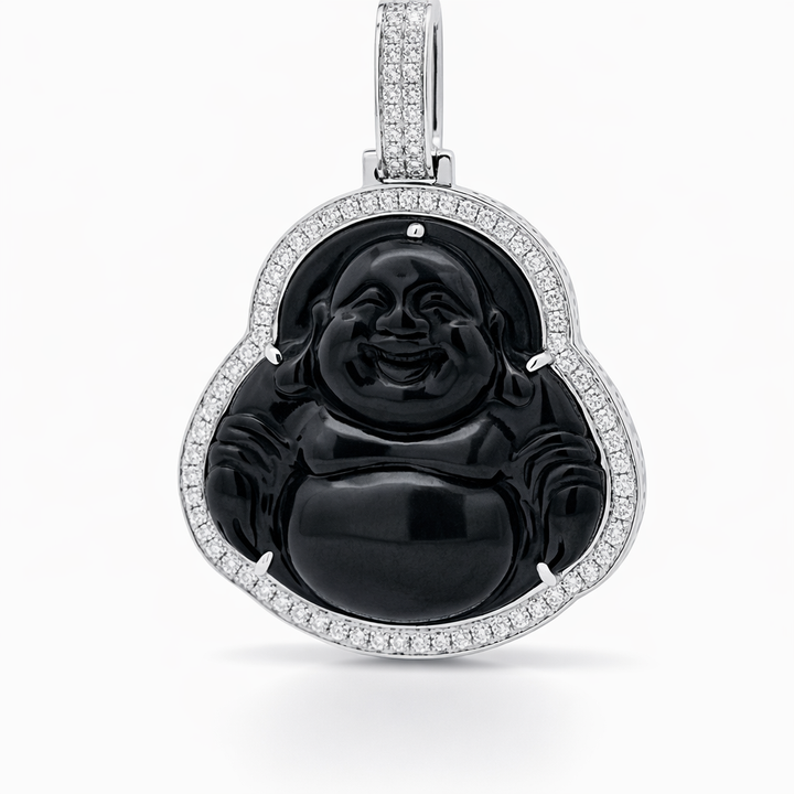 18K White Gold 0.87 CTW Diamond Wrap Buddha Jade Pendant