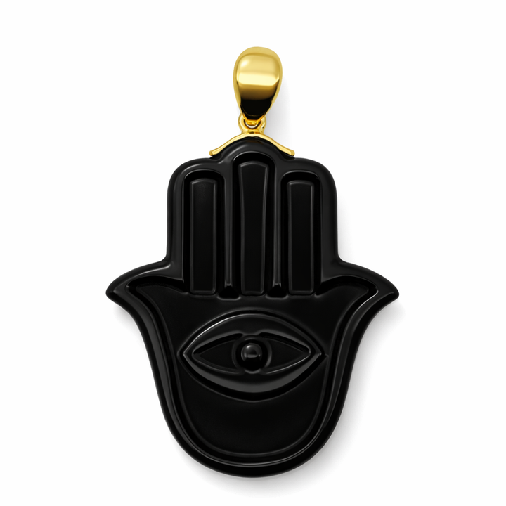 Colgantes de jade en forma de mano de Fátima (Hamsa) con enganche YG de 18K y grado A