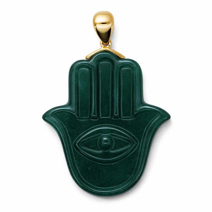 Colgantes de jade en forma de mano de Fátima (Hamsa) con enganche YG de 18K y grado A