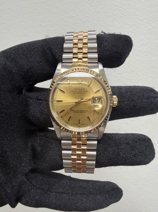 Rolex Datejust Champagne Stick Dial on D Link Jubilee Ref 16233 with Papers 1993