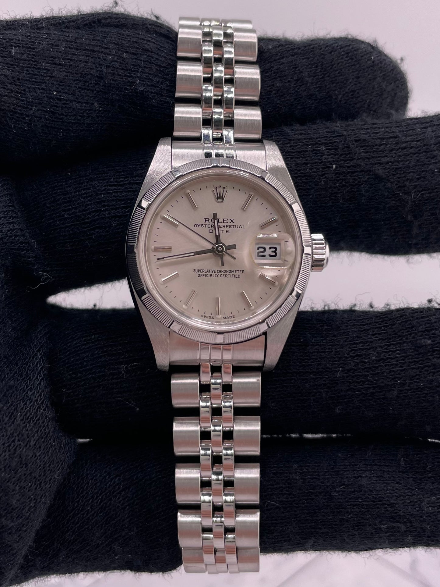 Rolex Oyster Perpetual Date Silver Stick Dial on Jubilee Ref. 79190 Papers Open Date — view 2