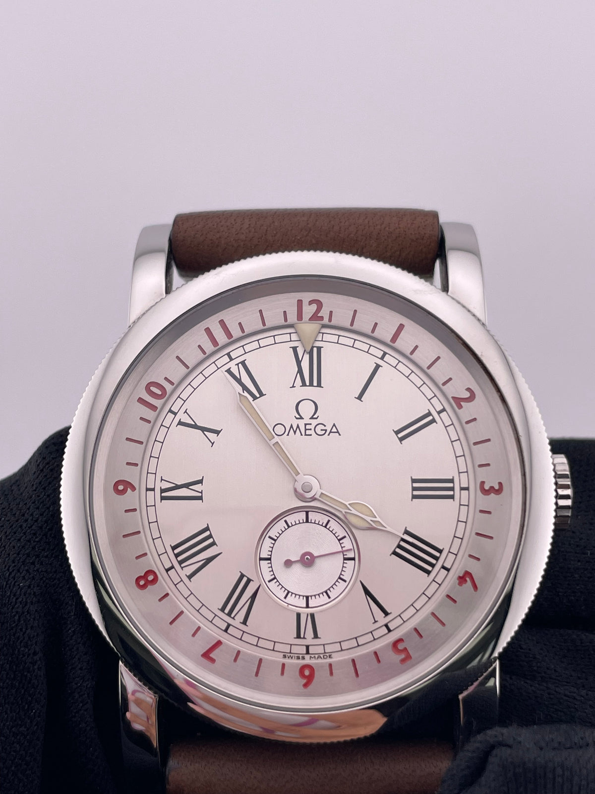 Omega Museum Silver Roman Numerals Dial on Brown Leather Strap Ref. 516.13.41.10.02.001 Complete Open Date — view 2