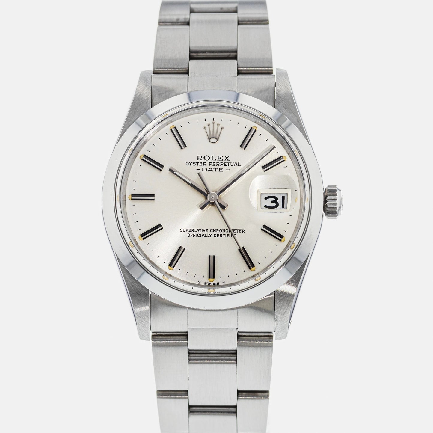 Rolex Oyster Perpetual Date Silver Stick Dial on Oyster Ref. 15000 1982