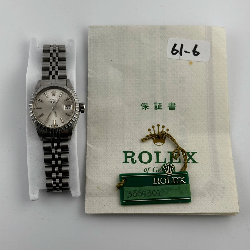 Rolex Oyster Perpetual Date Silver Stick Dial on Jubilee Ref 6924 with Papers 1976