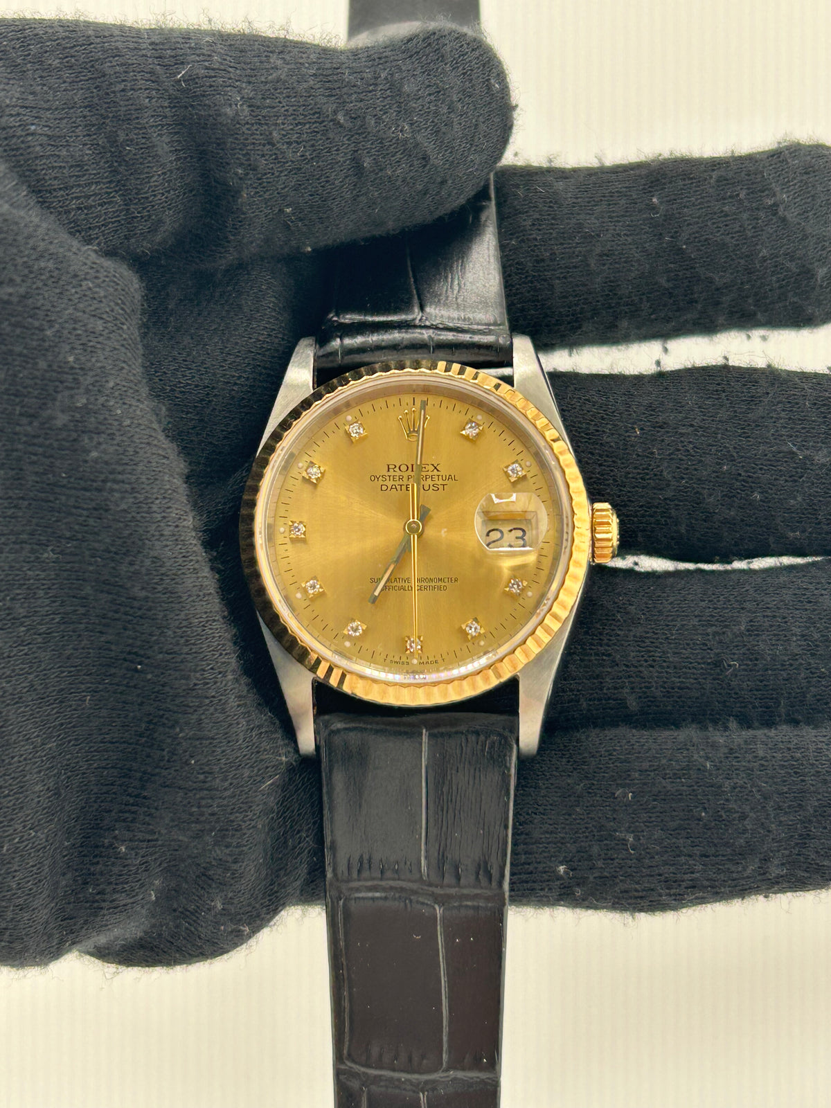 Rolex Datejust 36 Champagne Diamond Dial on Generic Black Leather Strap Ref. 16233G 1991 — view 2