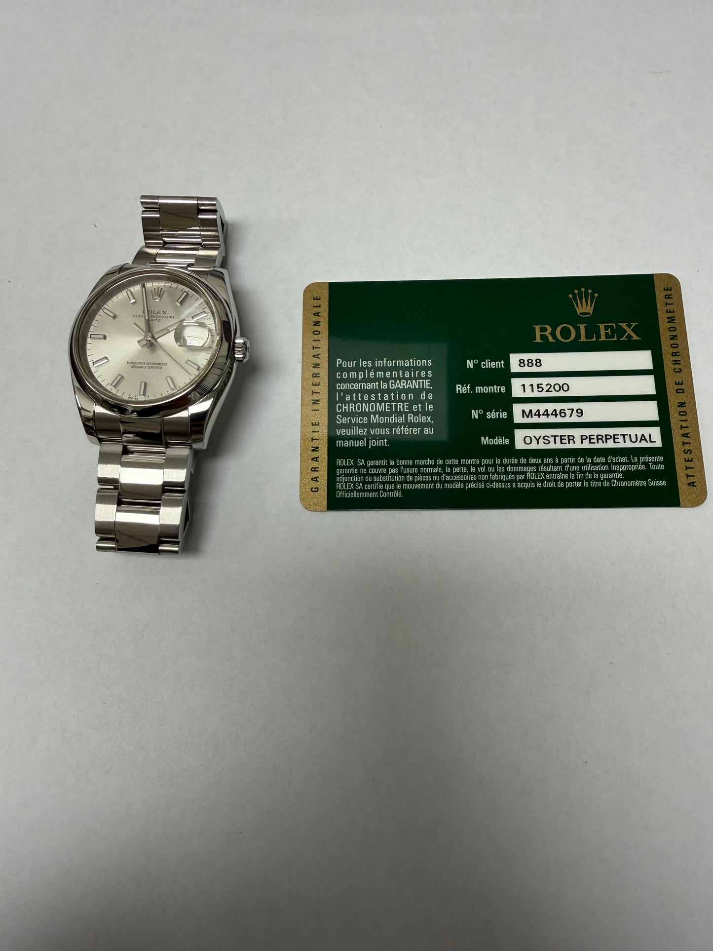 Rolex Oyster Perpetual Date Silver Stick Dial on Oyster Ref. 115200 Card 2012 — view 5