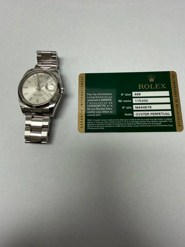 Rolex Oyster Perpetual Date Silver Stick Dial on Oyster Ref 115200 with Card Old Green 2012