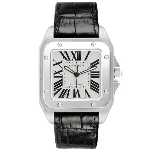Cartier Santos Silver Roman Dial on Leather Strap Ref 2656/W20076X8