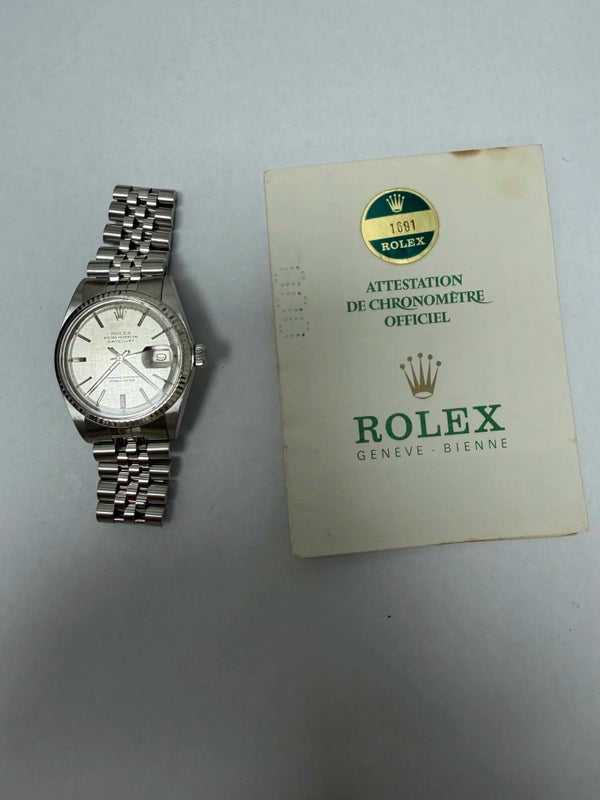 Rolex Datejust Silver Stick Dial on Jubilee Ref 1601/4 with Papers 1977