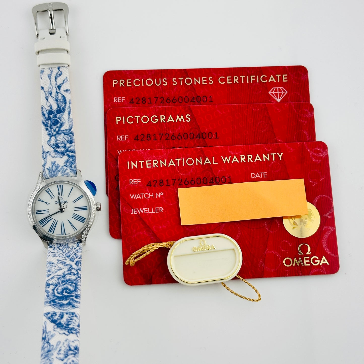Omega De Ville Mini Tr√©sor Quartz White / Blue Roman Markers Dial on Fabric Strap Ref. 428.17.26.60.04.001 Card Open Date — view 5