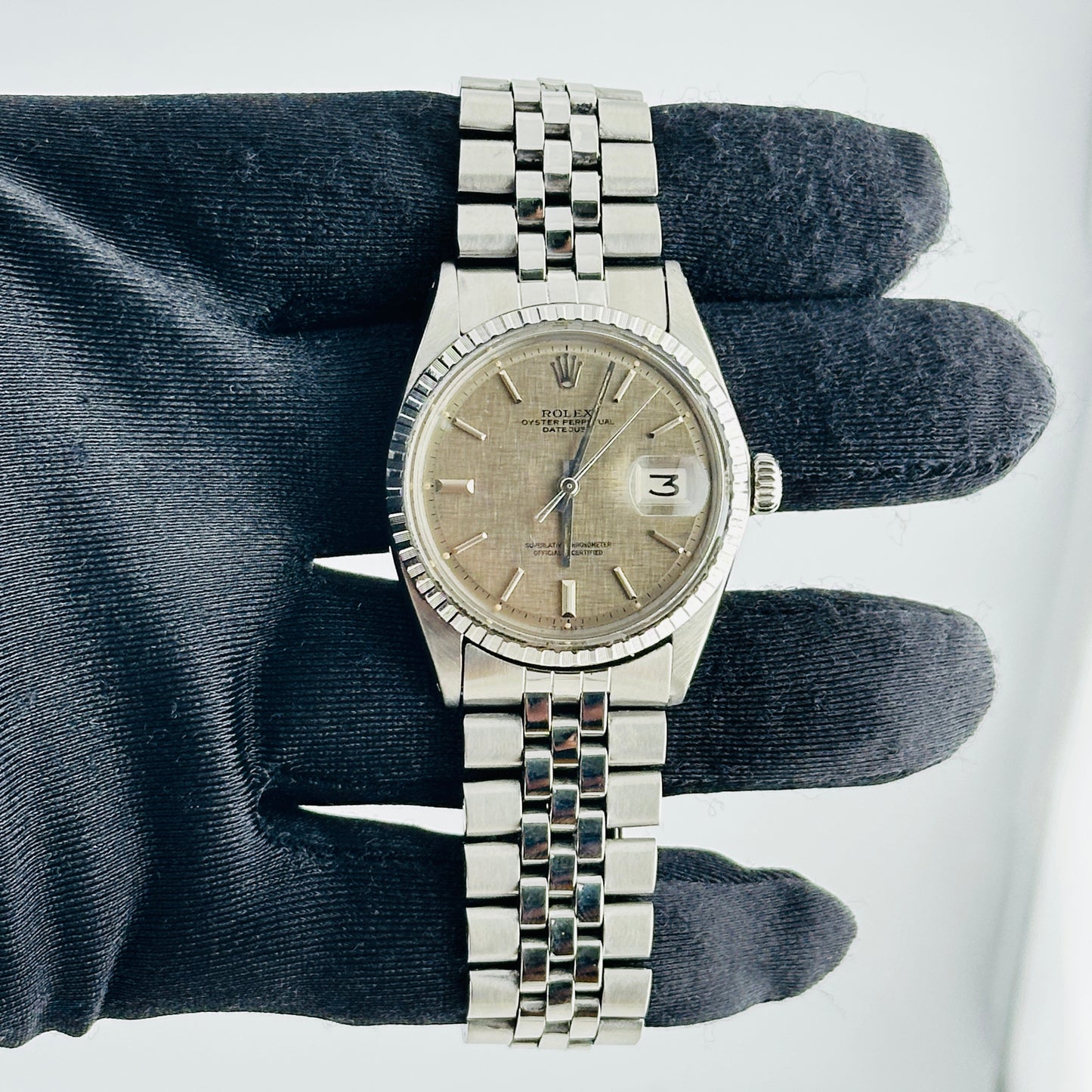 Rolex Datejust Grey Linen Stick Dial on Folded Jubilee Bracelet Ref. 1603 1971