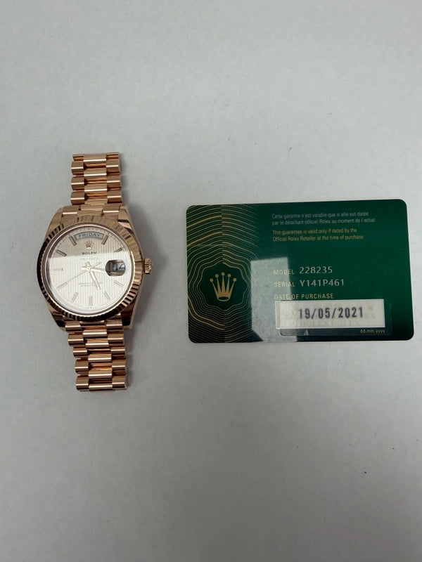 Rolex Day-Date 40 Sundust Strip Motif Index Dial on President Ref 228235 with New Style Card Green 2021