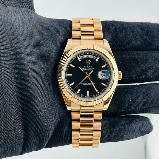 Rolex Day-Date Black Index Dial on President Ref 218235 with Card Old Green 2012