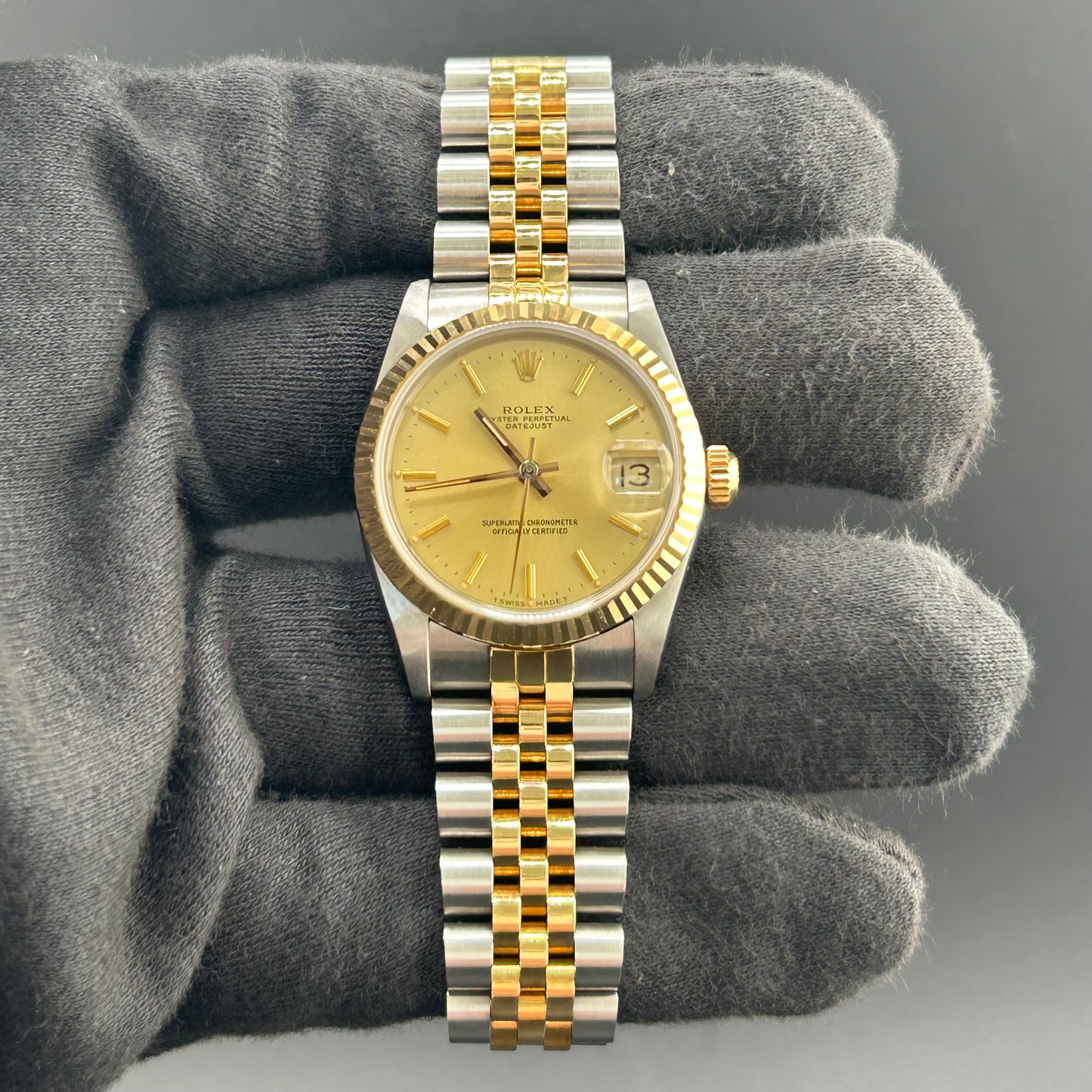 Rolex Datejust Champagne Stick Dial on D Link Jubilee Ref. 68273 Papers Open Date — view 2