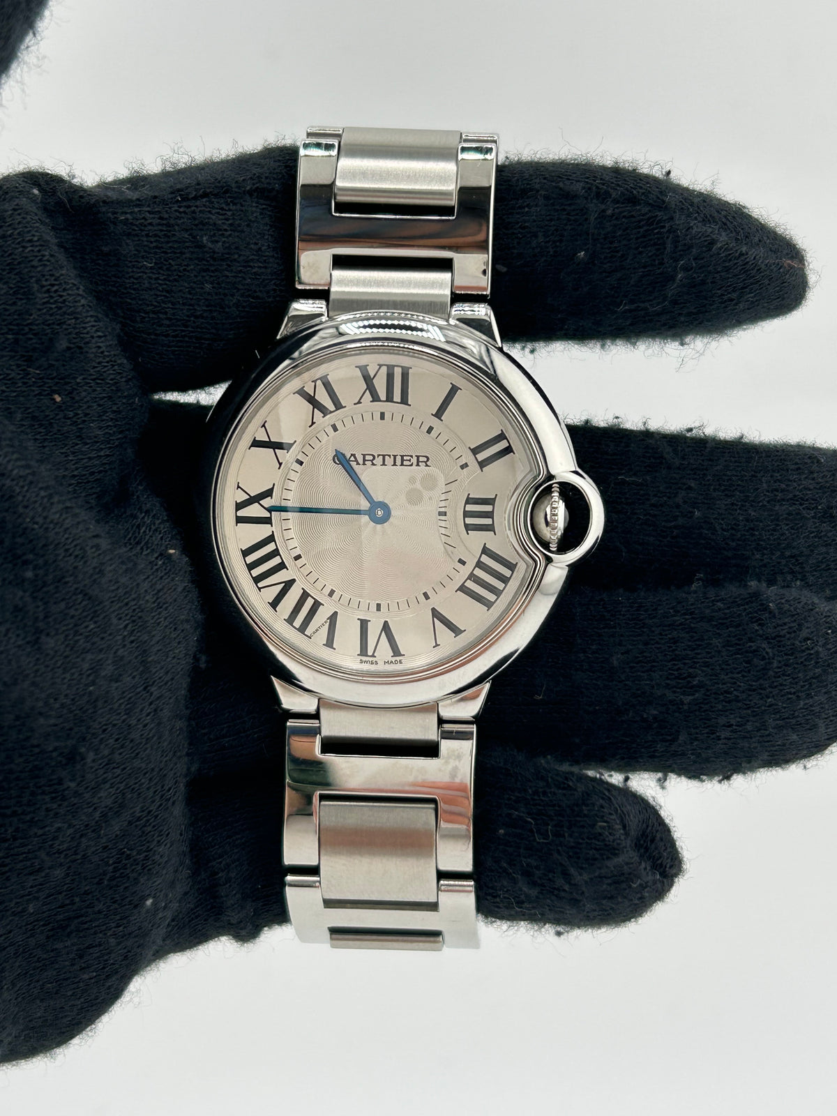 Cartier Ballon Bleu 33 Silver Roman Numerals Dial on Stainless Steel Bracelet Ref. W6920084 — view 2