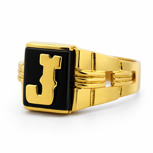 14k Yellow Gold Initial J W/ Blk Onyx Ring Size 12.5 View 2 - Fine Jewelry | Bust Down & Co