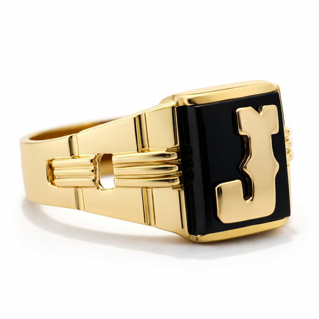 14k Yellow Gold Initial J W/ Blk Onyx Ring Size 12.5 View 3 - Fine Jewelry | Bust Down & Co
