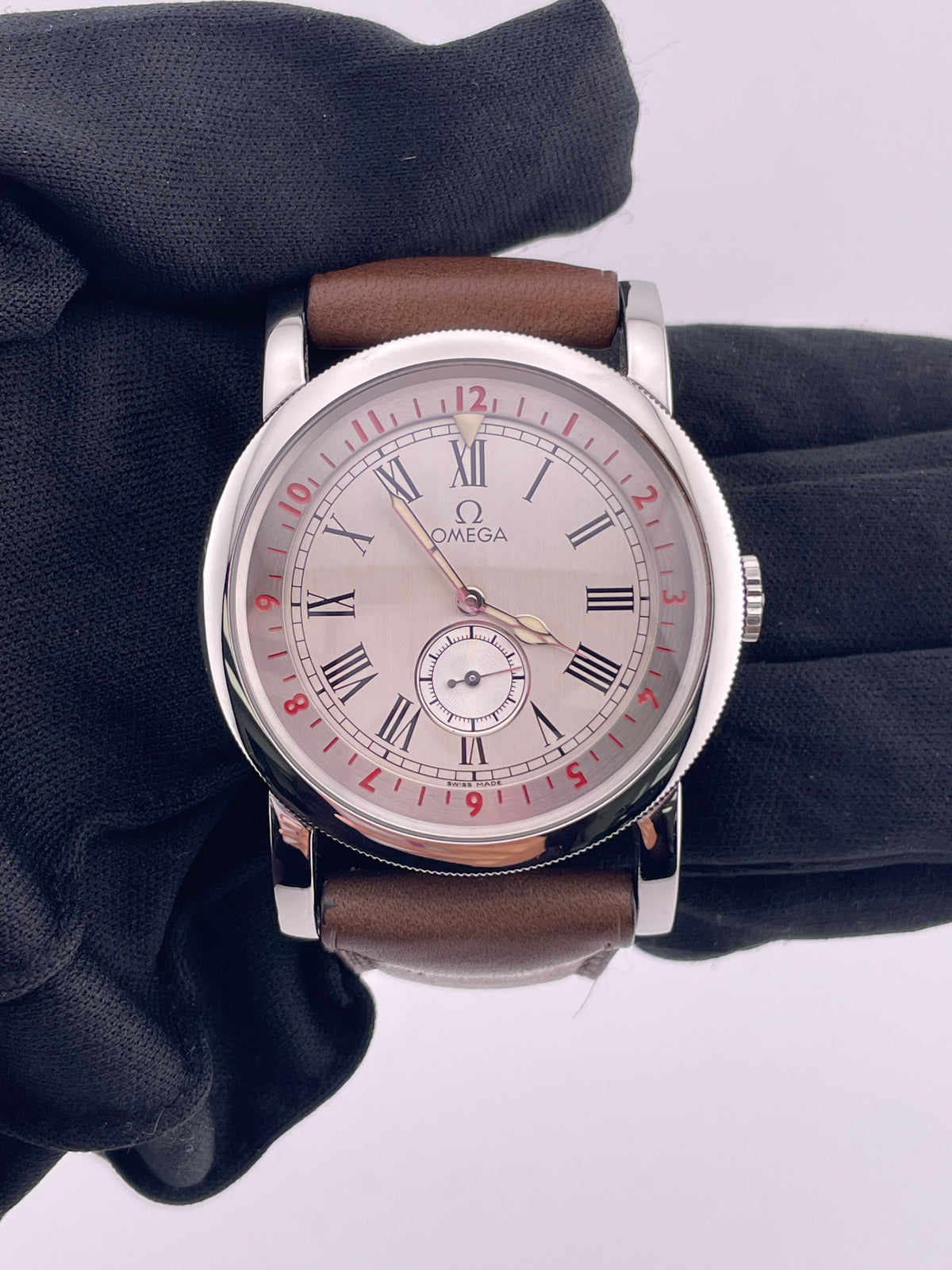 Omega Museum Silver Roman Numerals Dial on Brown Leather Strap Ref. 516.13.41.10.02.001 Complete Open Date