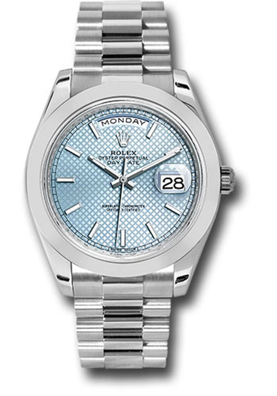 Rolex Day-Date 40 Ice Blue Diagonal Motif Index Dial on President Ref 228206 with New Style Card White 2019