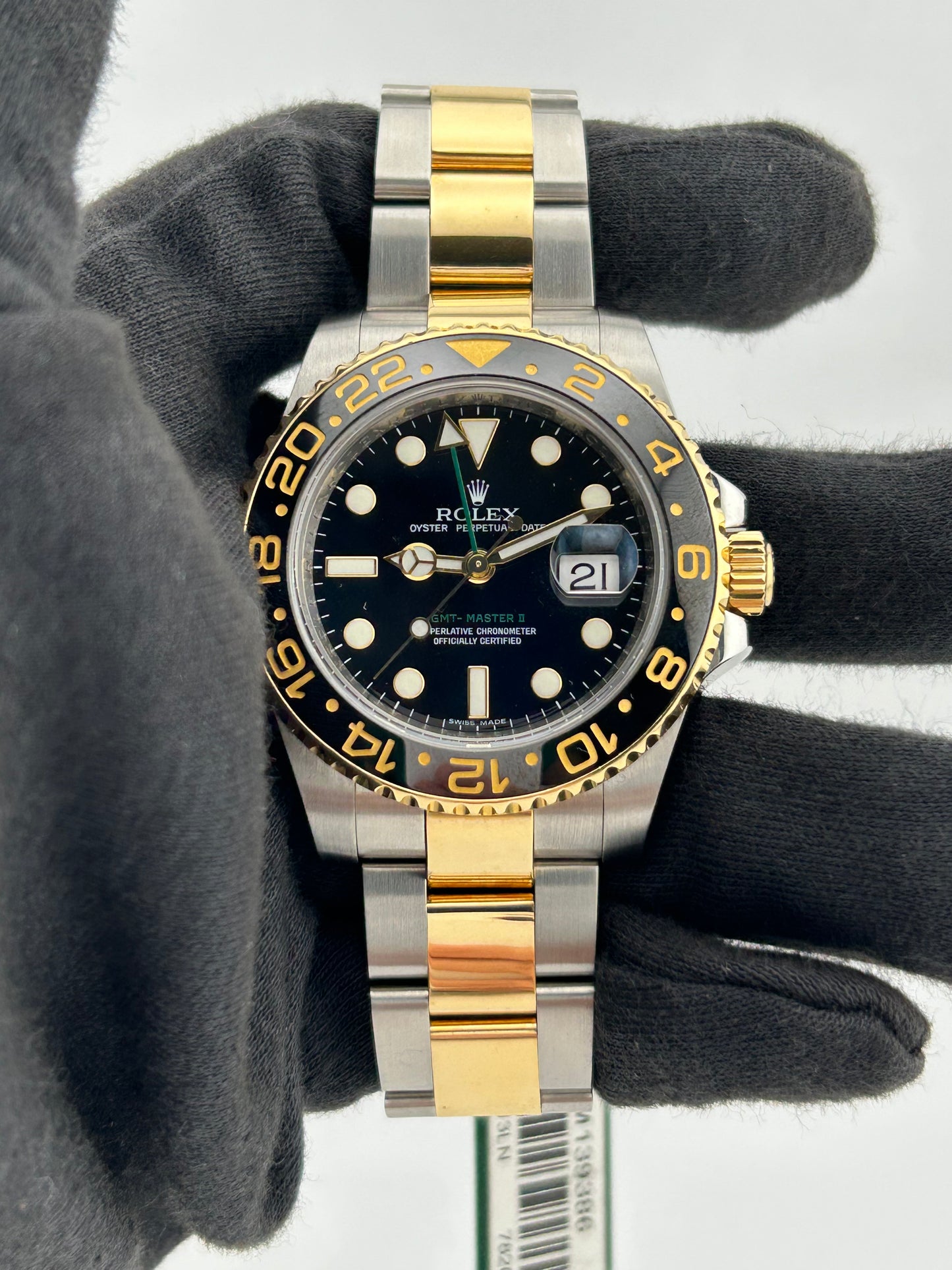 Rolex GMT-Master II Black Dot Markers Dial on 2 Tone Oyster Bracelet Ref. 116713LN Card — view 2