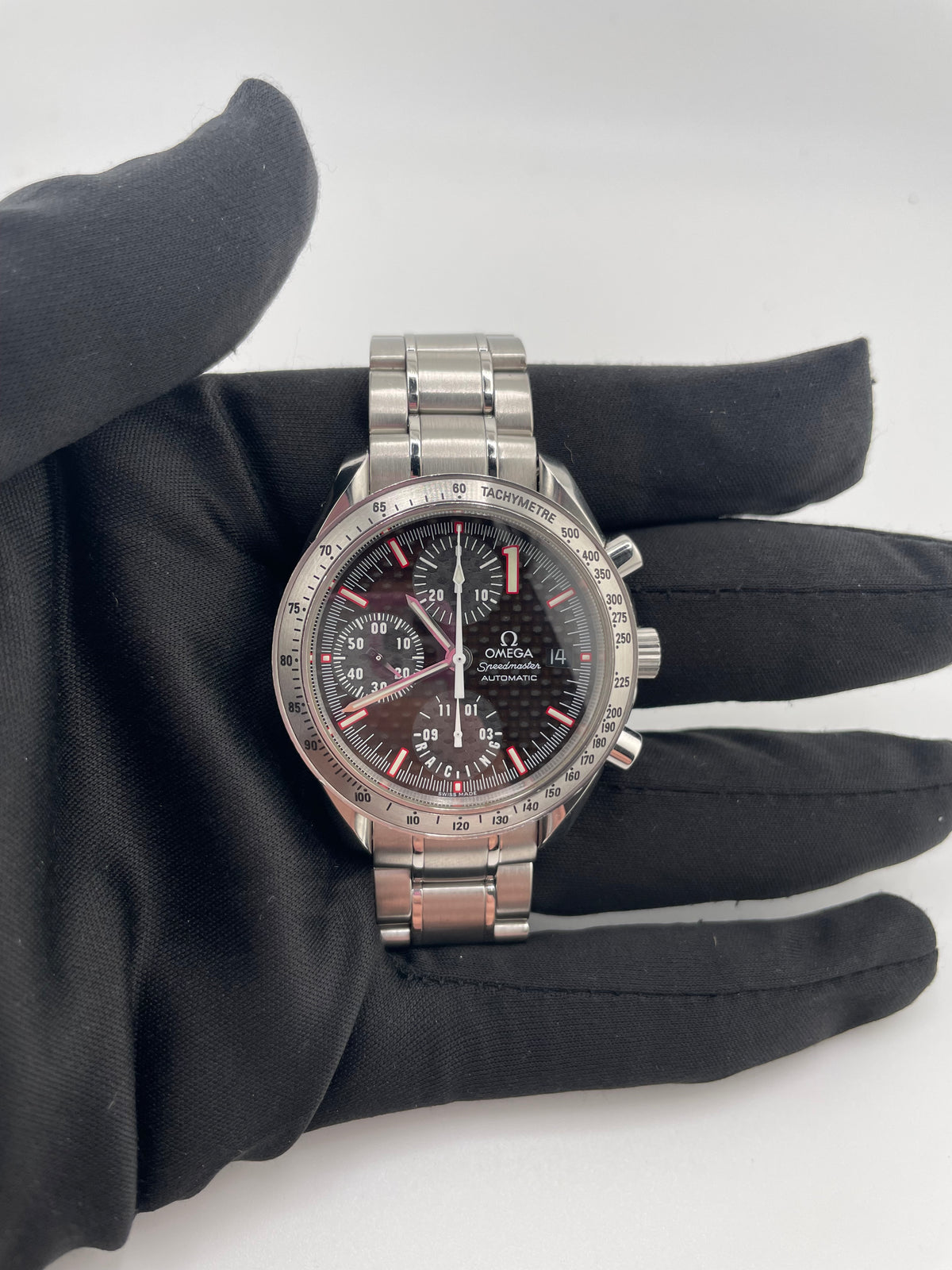 Omega Speedmaster Racing Black Dial on Stainless Steel Bracelet Ref. 3519.50 Complete Open Date — view 3