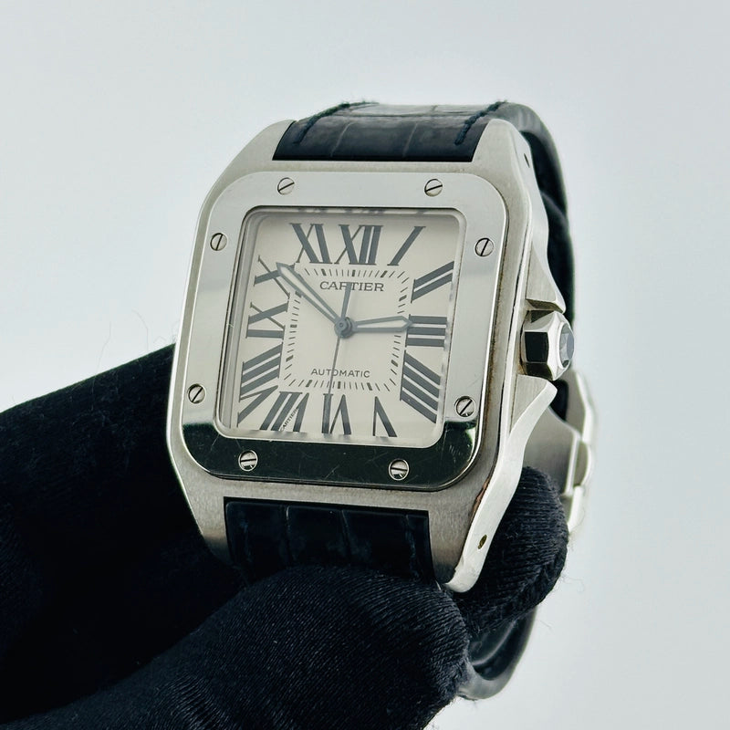 Cartier Santos Silver Roman Dial on Leather Strap Ref 2656/W20076X8