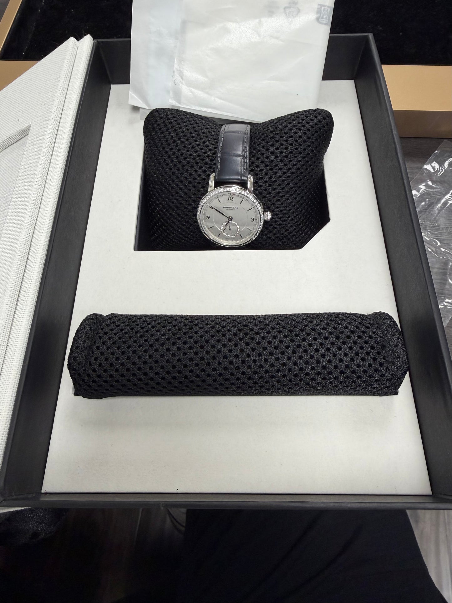 Montblanc Star Legacy Silver With Factory Diamonds Dial on Grey Leather Ref. 118534 Card Open Date — view 6