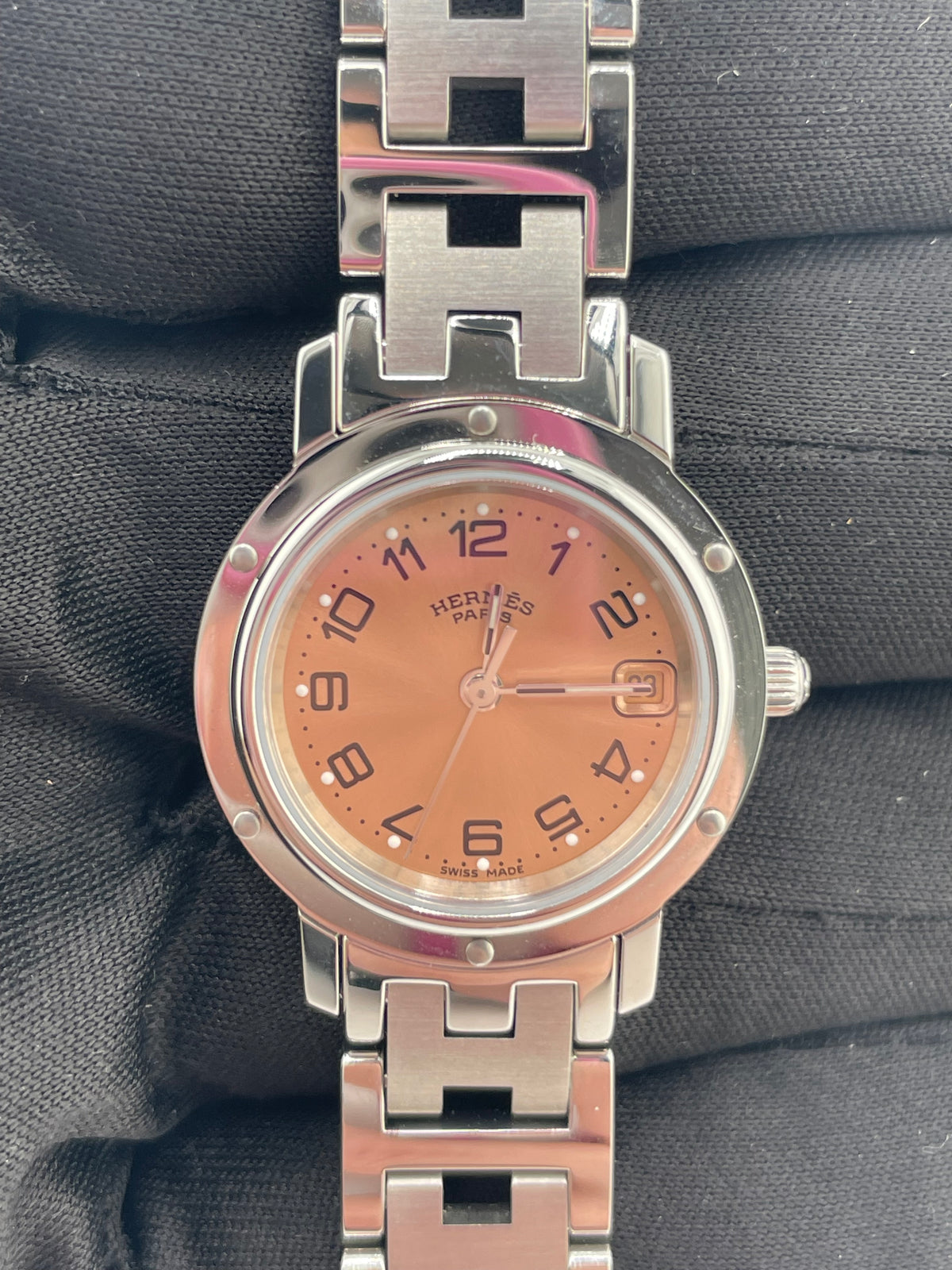 Hermes Clipper Salmon / Arabic Numerals Dial on Stainless Steel Bracelet Ref. CL4.210 Papers Open Date — view 2