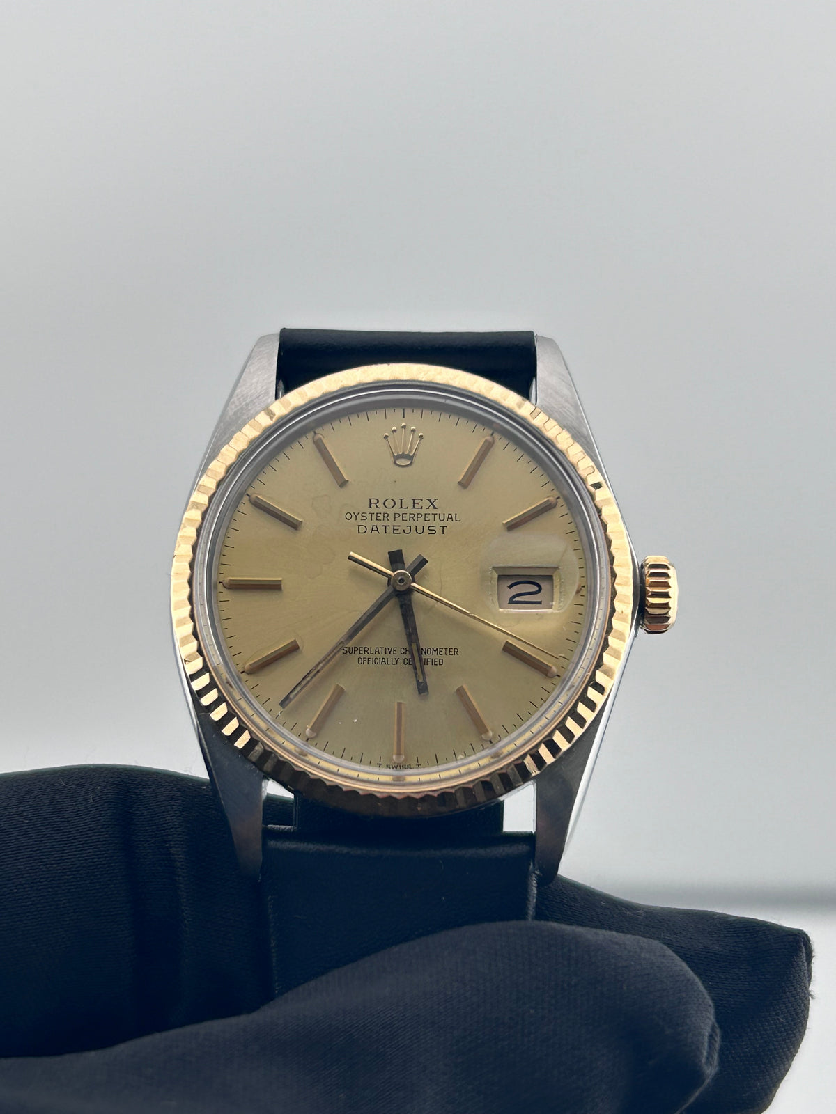 Rolex Datejust 36 Champagne Stick Dial on Generic Black Leather Band Ref. 16013 — view 2